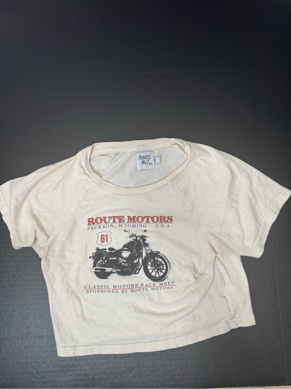 Princess Polly crop Cream 'Route Motors' Graphic Tee see measurements for size